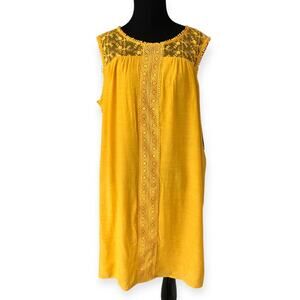 Sharagno New York Yellow Lace Mother Pearl Buttons Sleeveless Dress Size L